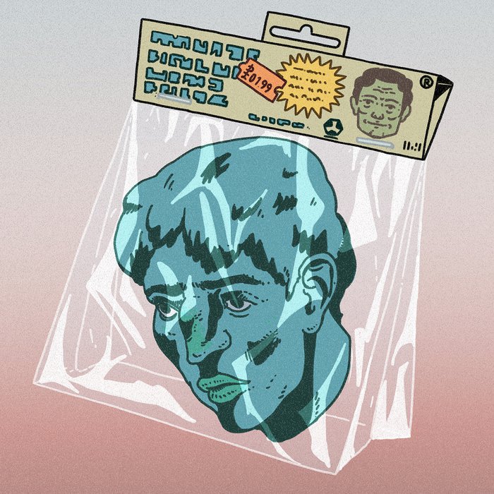 Digital illustration of a head in a plastic bag with label and price tag