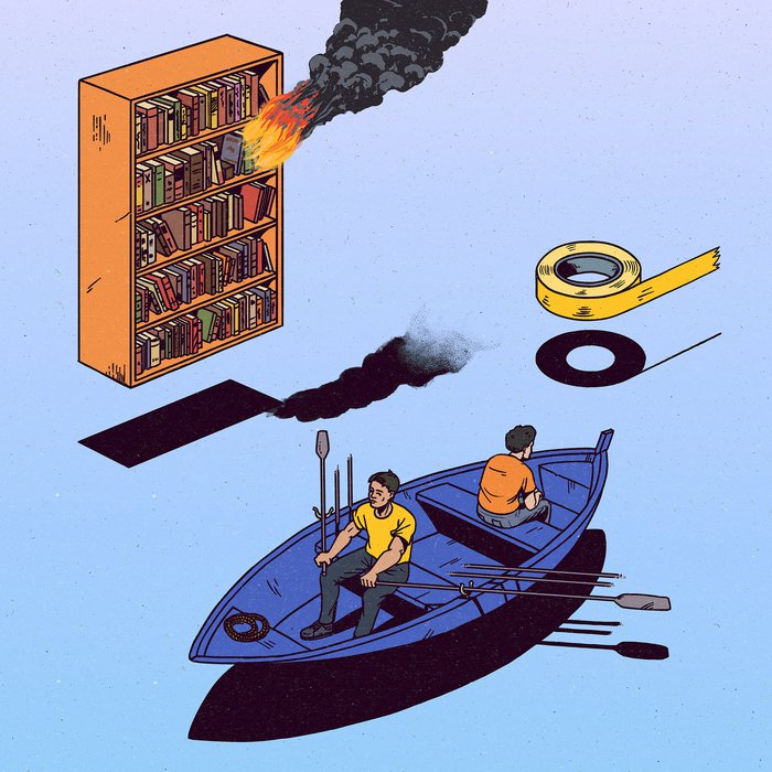 Surreal illustration featuring 2 characters on a floating boat, a floating bookshelf on fire and a big floating roll of tape.